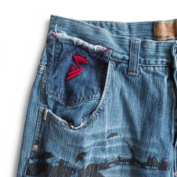 Arme Welcome to the Hood "Victory" Vintage Streetwear Denim Shorts Men's 36 RARE - Picture 7 of 12